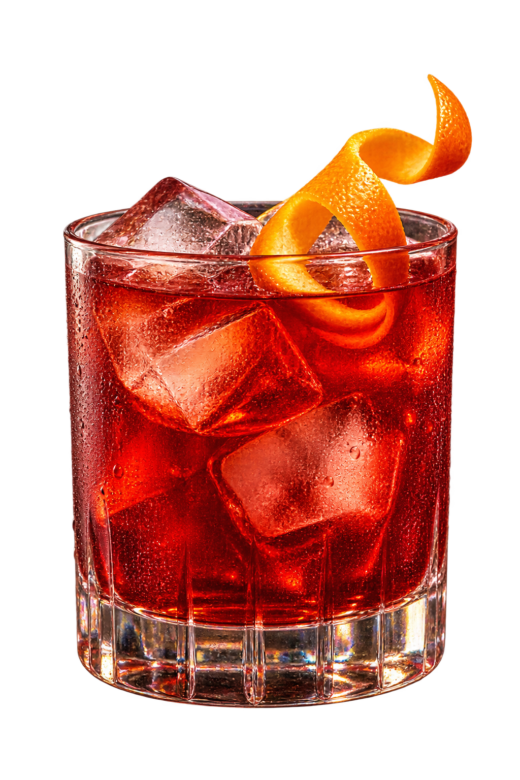 A red drink over ice with an orange peel garnish