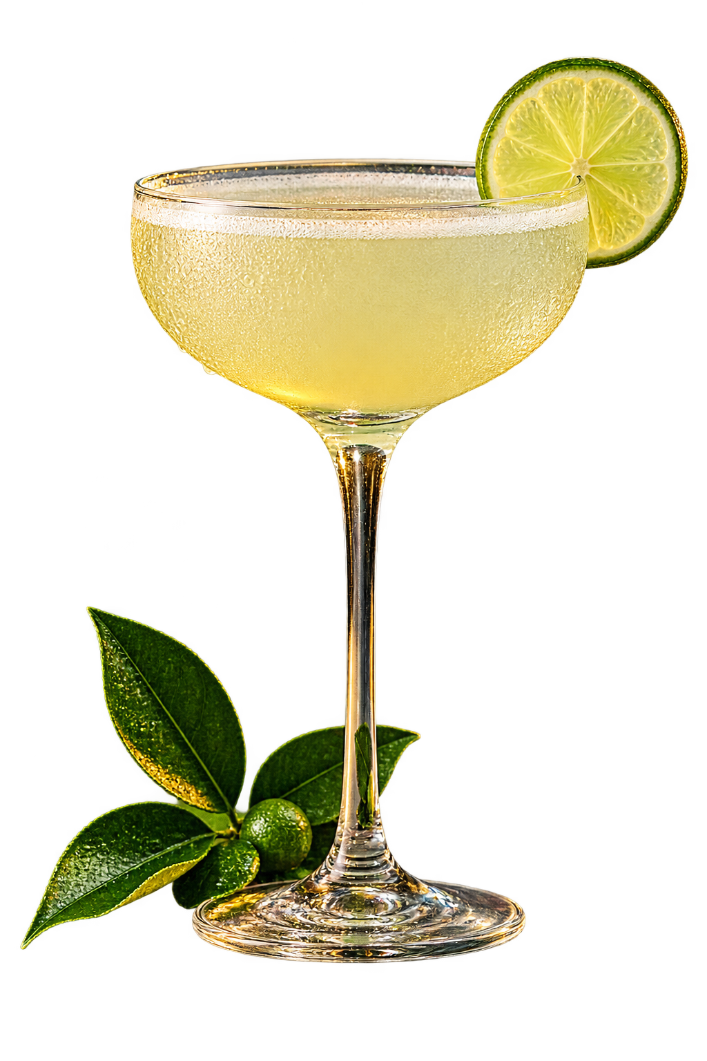 A pale yellow drink in a stemmed glass with a citrus garnish