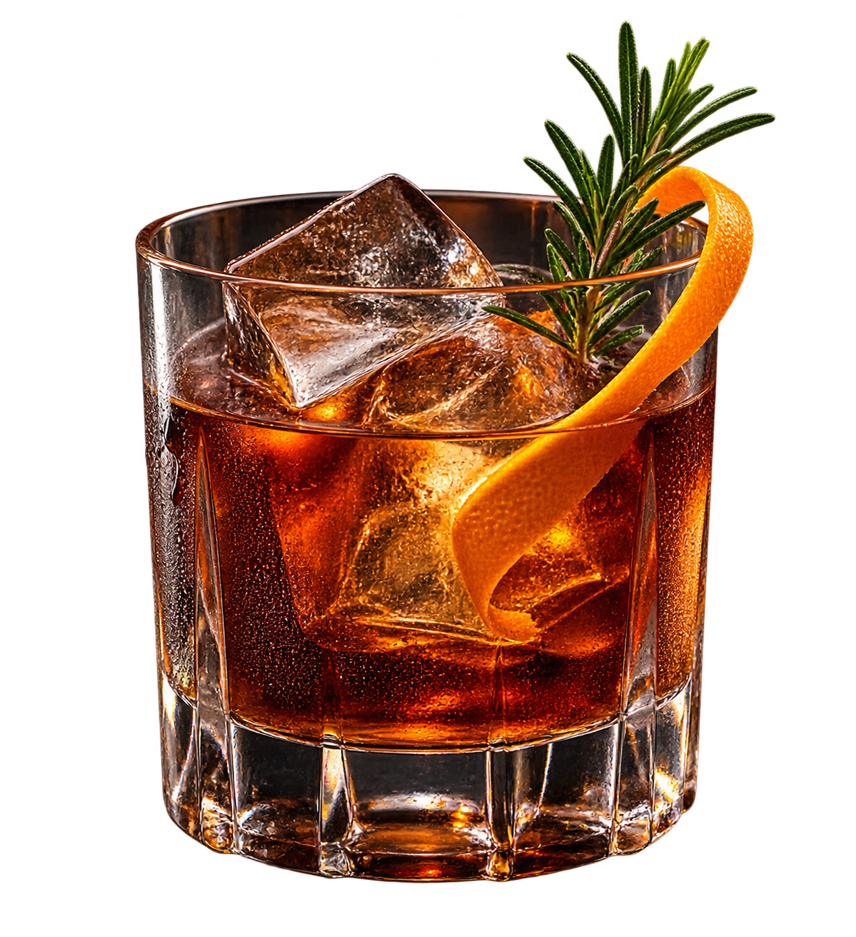 An amber drink over ice with orange peel and an herb garnish